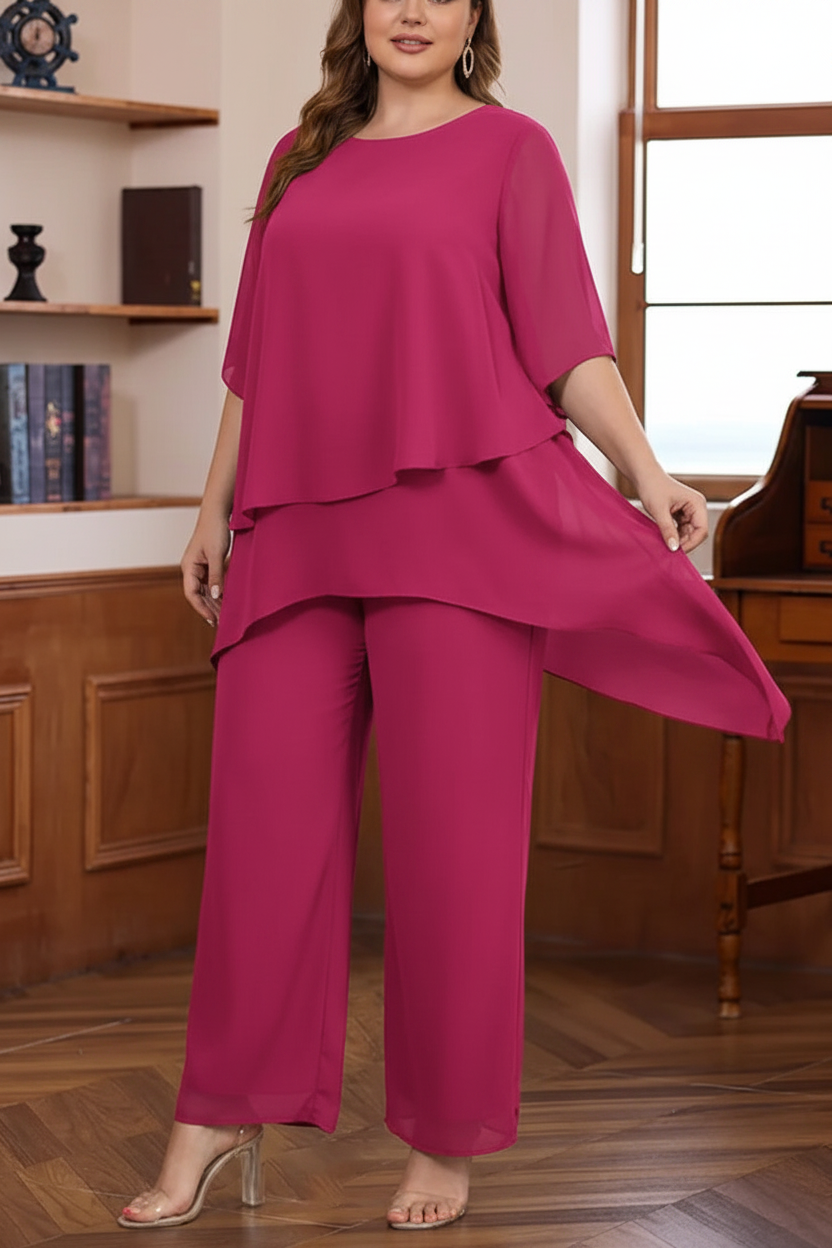 2 Pieces Scoop Chiffon Plus Size Mother of the Bride Pantsuits Ankle-Length Half Sleeves