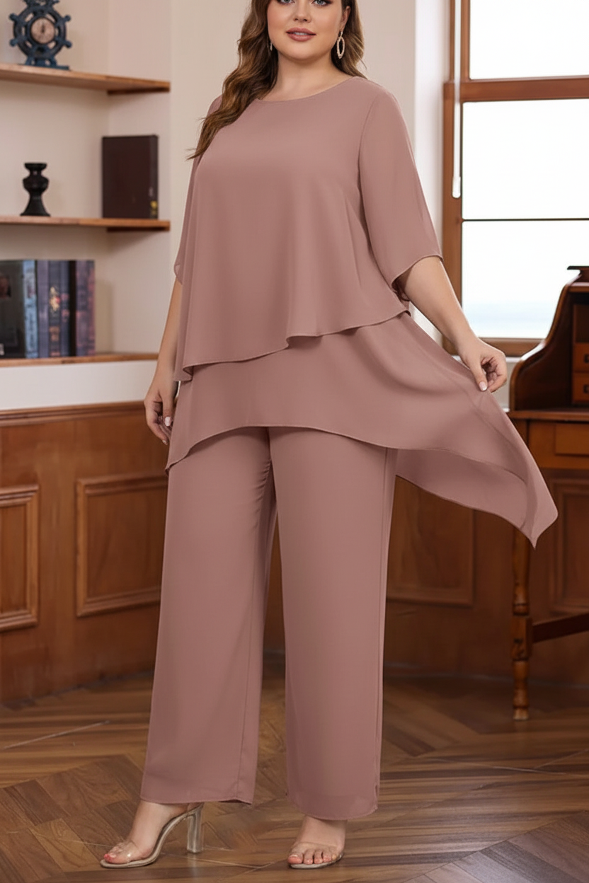 2 Pieces Scoop Chiffon Plus Size Mother of the Bride Pantsuits Ankle-Length Half Sleeves