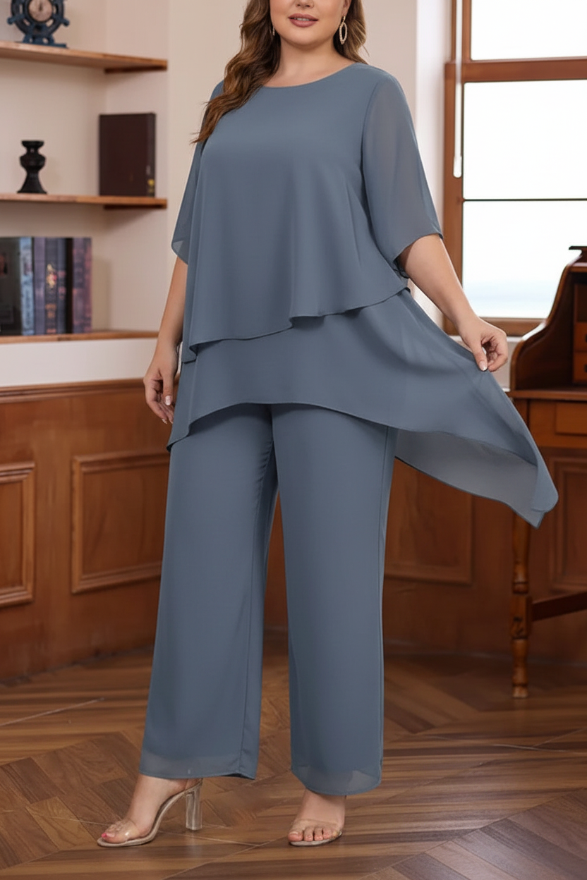 2 Pieces Scoop Chiffon Plus Size Mother of the Bride Pantsuits Ankle-Length Half Sleeves