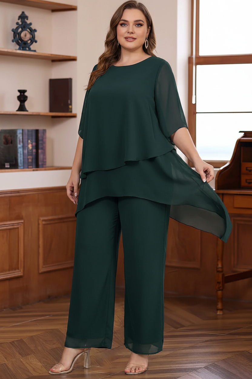 2 Pieces Scoop Chiffon Plus Size Mother of the Bride Pantsuits Ankle-Length Half Sleeves