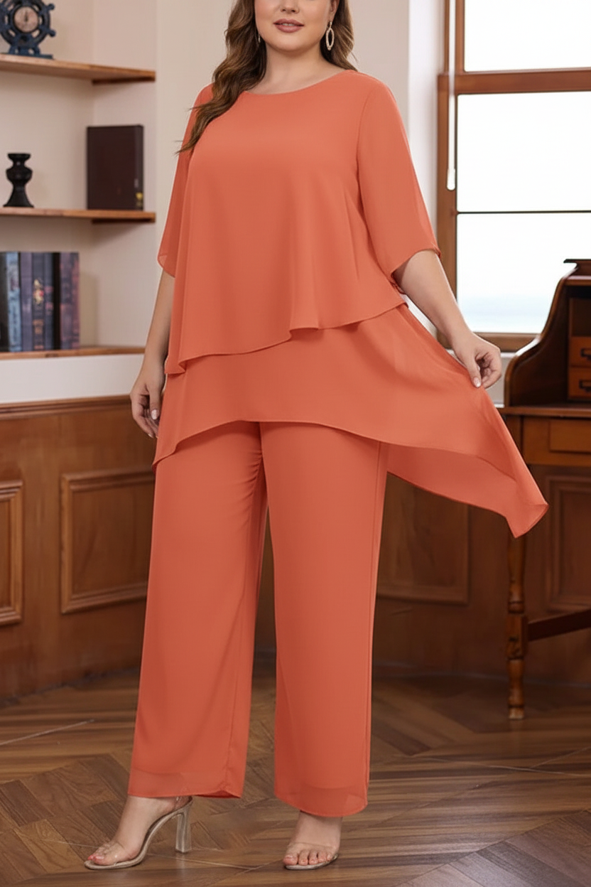 2 Pieces Scoop Chiffon Plus Size Mother of the Bride Pantsuits Ankle-Length Half Sleeves