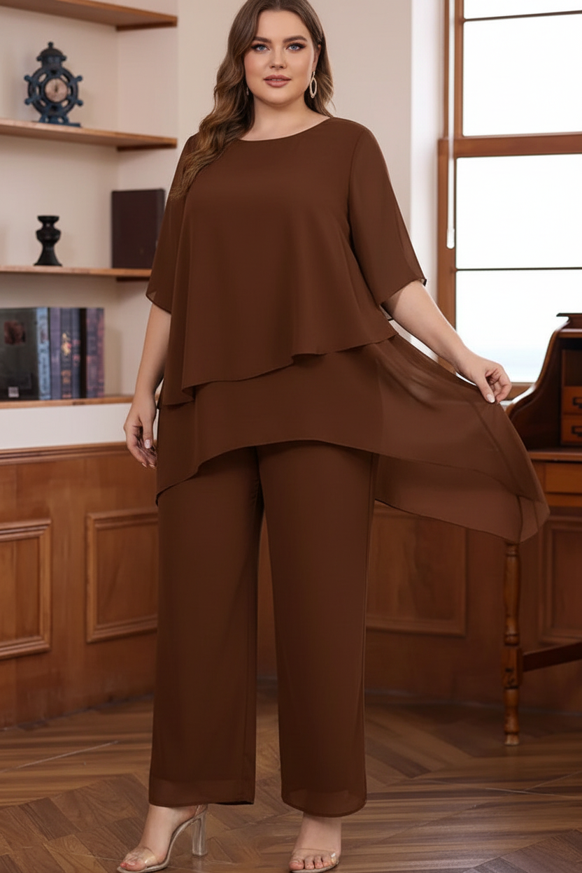 2 Pieces Scoop Chiffon Plus Size Mother of the Bride Pantsuits Ankle-Length Half Sleeves