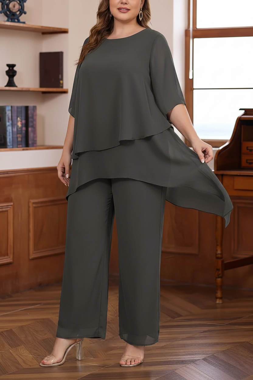 2 Pieces Scoop Chiffon Plus Size Mother of the Bride Pantsuits Ankle-Length Half Sleeves
