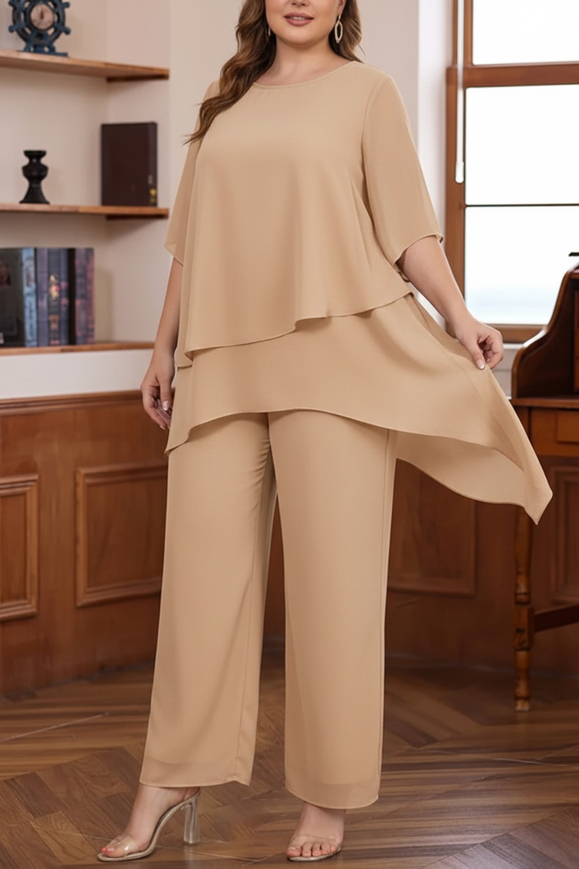 2 Pieces Scoop Chiffon Plus Size Mother of the Bride Pantsuits Ankle-Length Half Sleeves