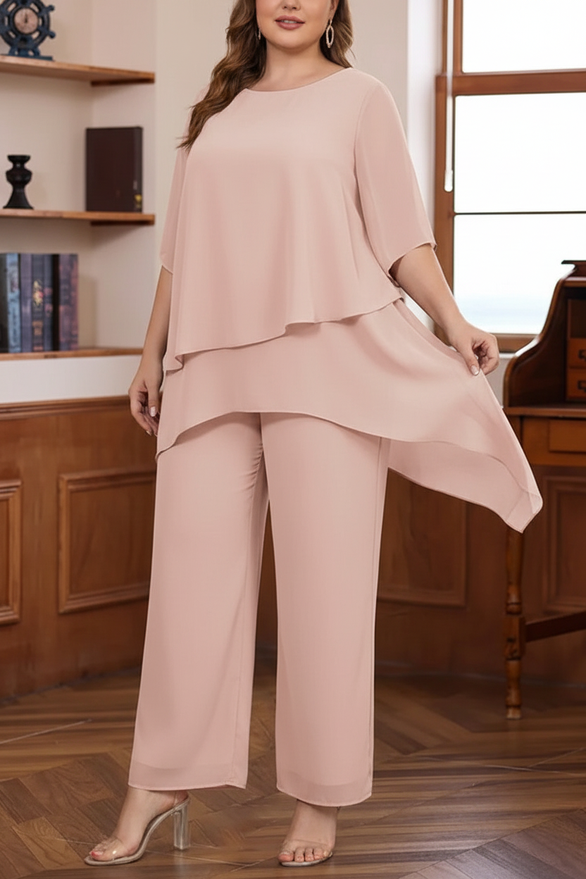 2 Pieces Scoop Chiffon Plus Size Mother of the Bride Pantsuits Ankle-Length Half Sleeves