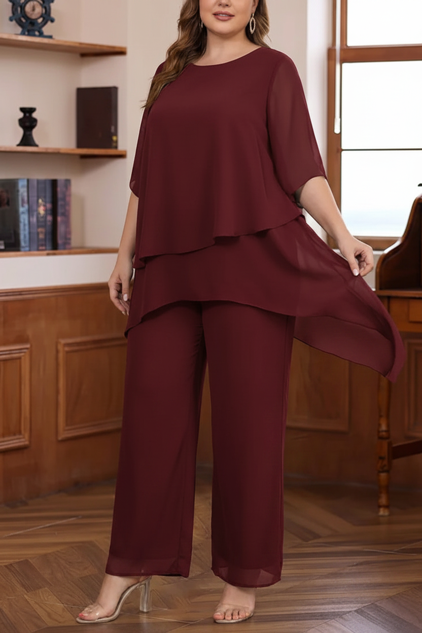 2 Pieces Scoop Chiffon Plus Size Mother of the Bride Pantsuits Ankle-Length Half Sleeves