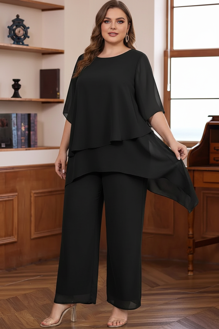 2 Pieces Scoop Chiffon Plus Size Mother of the Bride Pantsuits Ankle-Length Half Sleeves