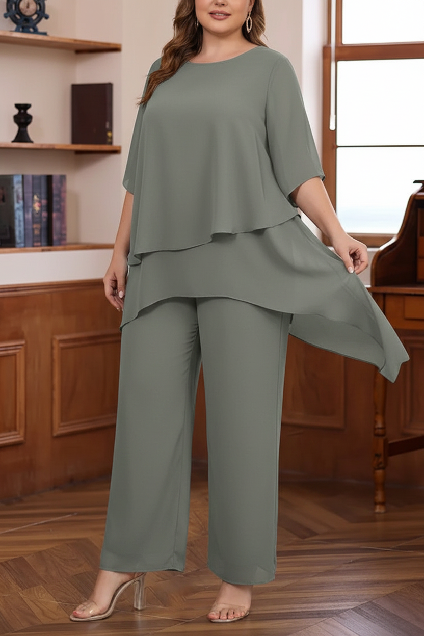 2 Pieces Scoop Chiffon Plus Size Mother of the Bride Pantsuits Ankle-Length Half Sleeves