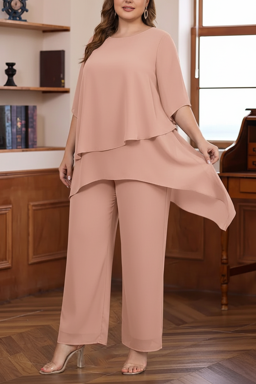 2 Pieces Scoop Chiffon Plus Size Mother of the Bride Pantsuits Ankle-Length Half Sleeves