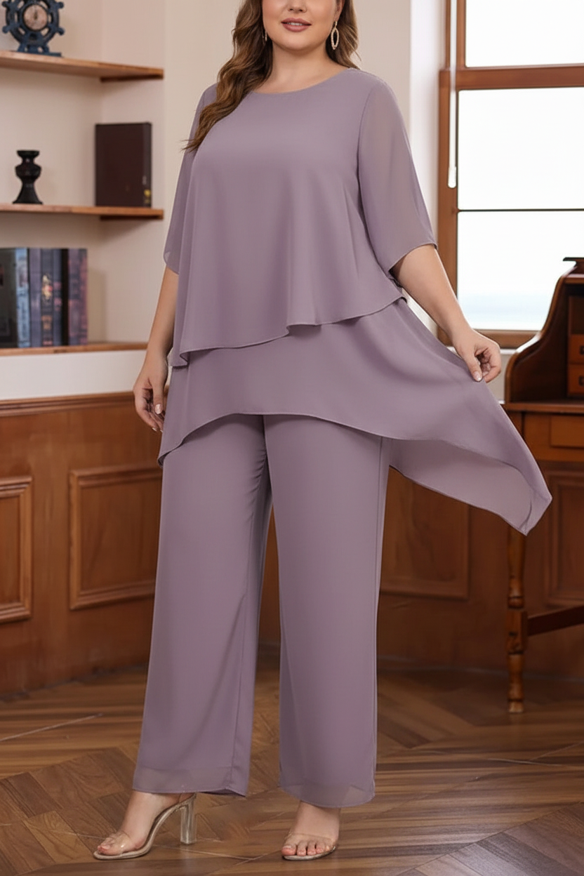 2 Pieces Scoop Chiffon Plus Size Mother of the Bride Pantsuits Ankle-Length Half Sleeves