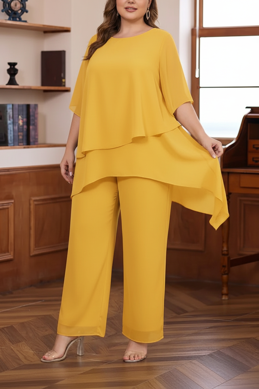 2 Pieces Scoop Chiffon Plus Size Mother of the Bride Pantsuits Ankle-Length Half Sleeves