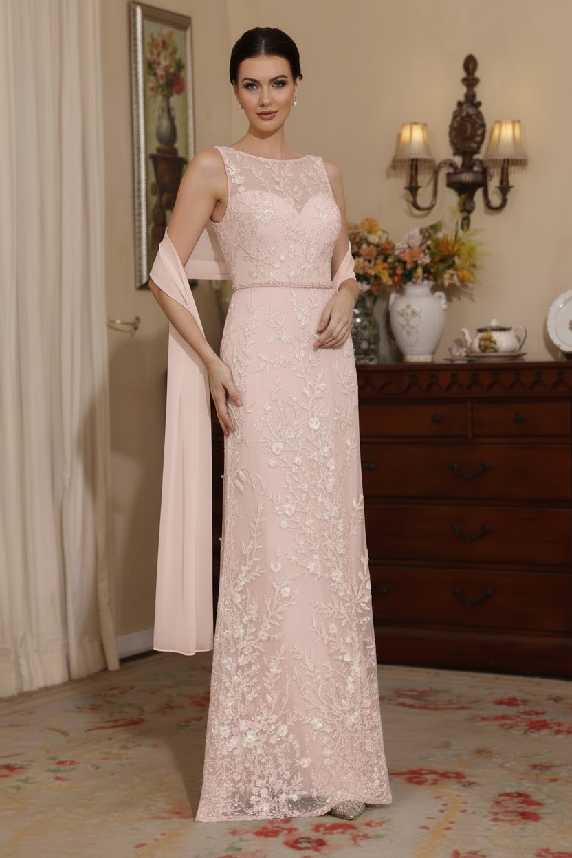 2 Pieces Sheath/Column Lace Mother of the Bride Dresses with Shawl Scoop Beading Sleeveless Floor-Length