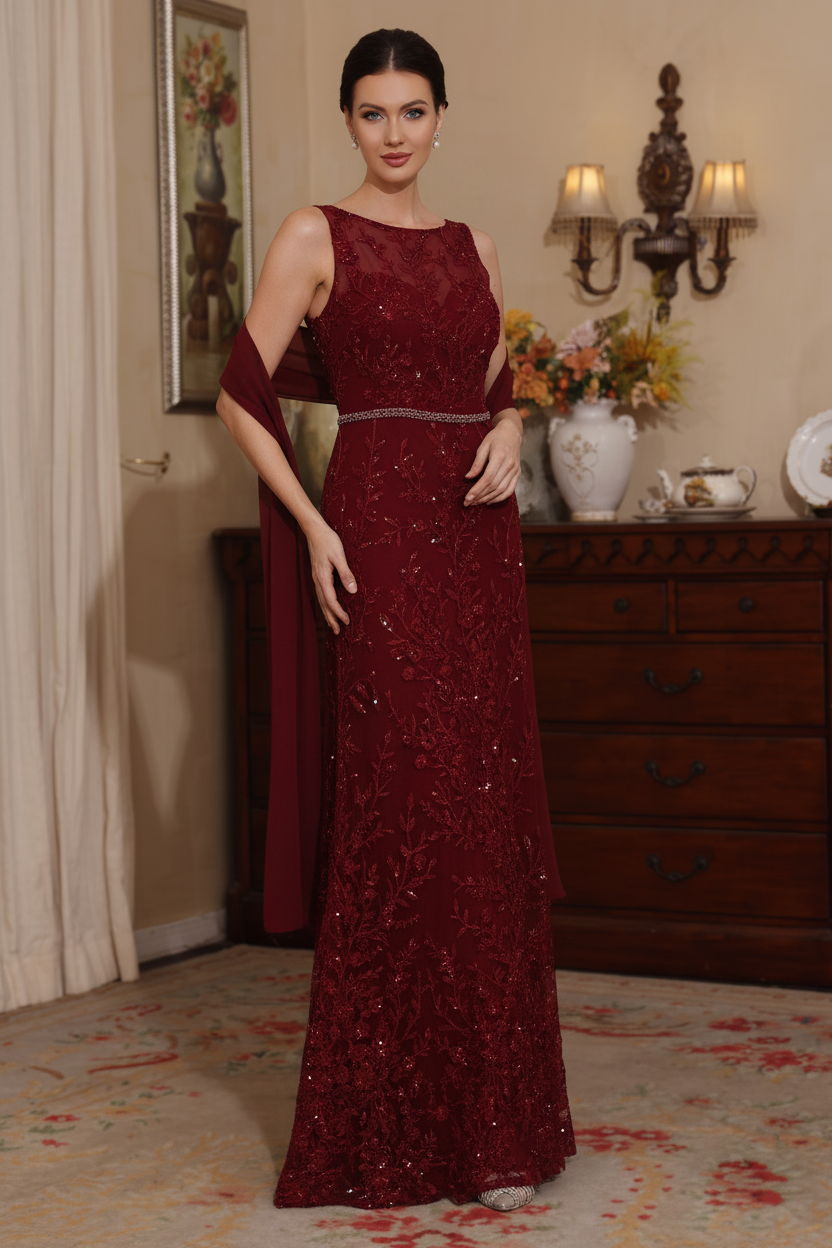 2 Pieces Sheath/Column Lace Mother of the Bride Dresses with Shawl Scoop Beading Sleeveless Floor-Length