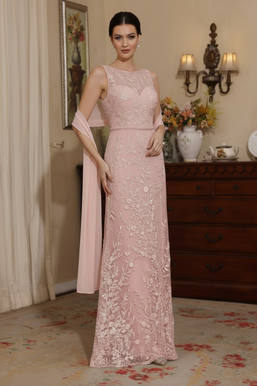 2 Pieces Sheath/Column Lace Mother of the Bride Dresses with Shawl Scoop Beading Sleeveless Floor-Length