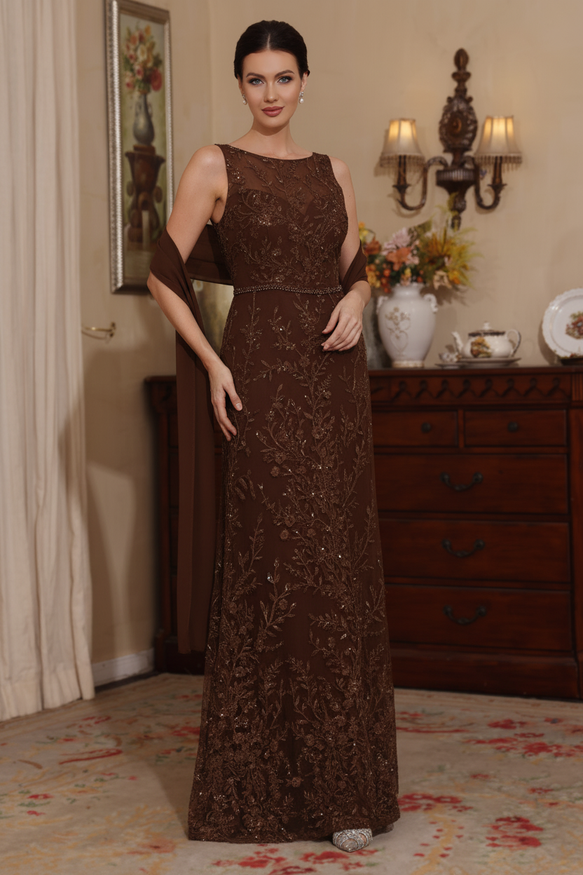 2 Pieces Sheath/Column Lace Mother of the Bride Dresses with Shawl Scoop Beading Sleeveless Floor-Length