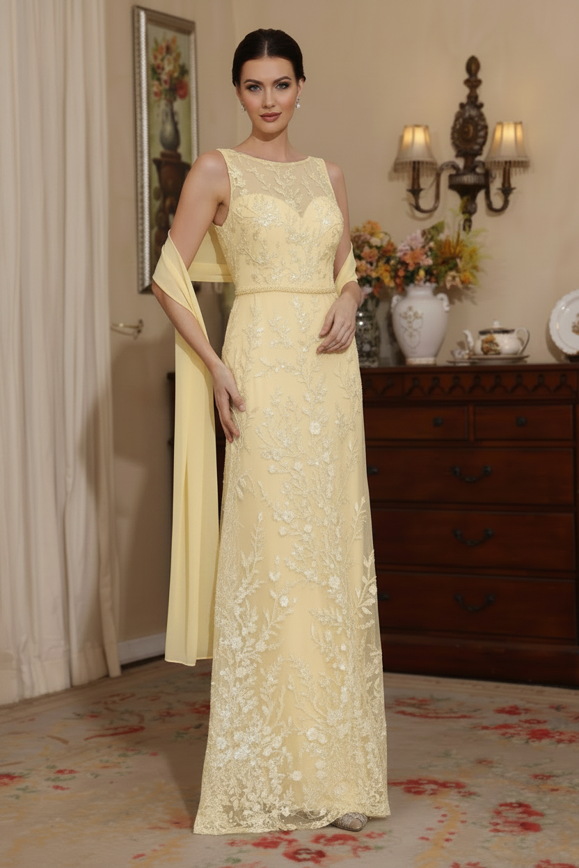 2 Pieces Sheath/Column Lace Mother of the Bride Dresses with Shawl Scoop Beading Sleeveless Floor-Length
