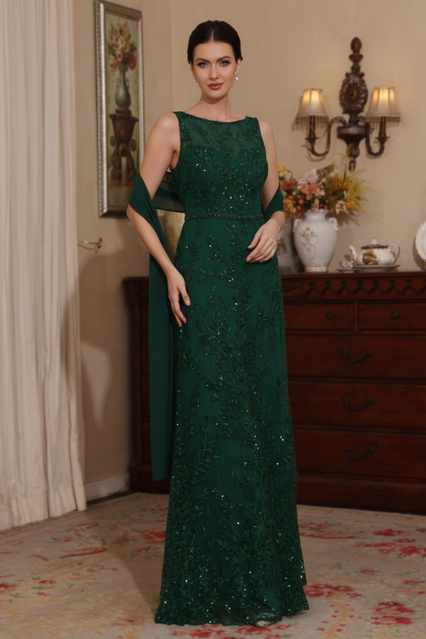 2 Pieces Sheath/Column Lace Mother of the Bride Dresses with Shawl Scoop Beading Sleeveless Floor-Length