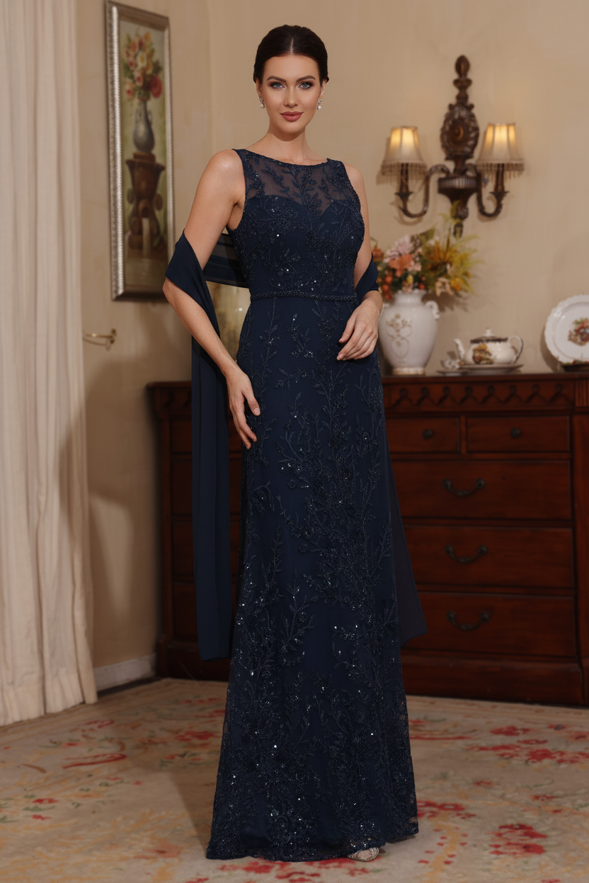 2 Pieces Sheath/Column Lace Mother of the Bride Dresses with Shawl Scoop Beading Sleeveless Floor-Length
