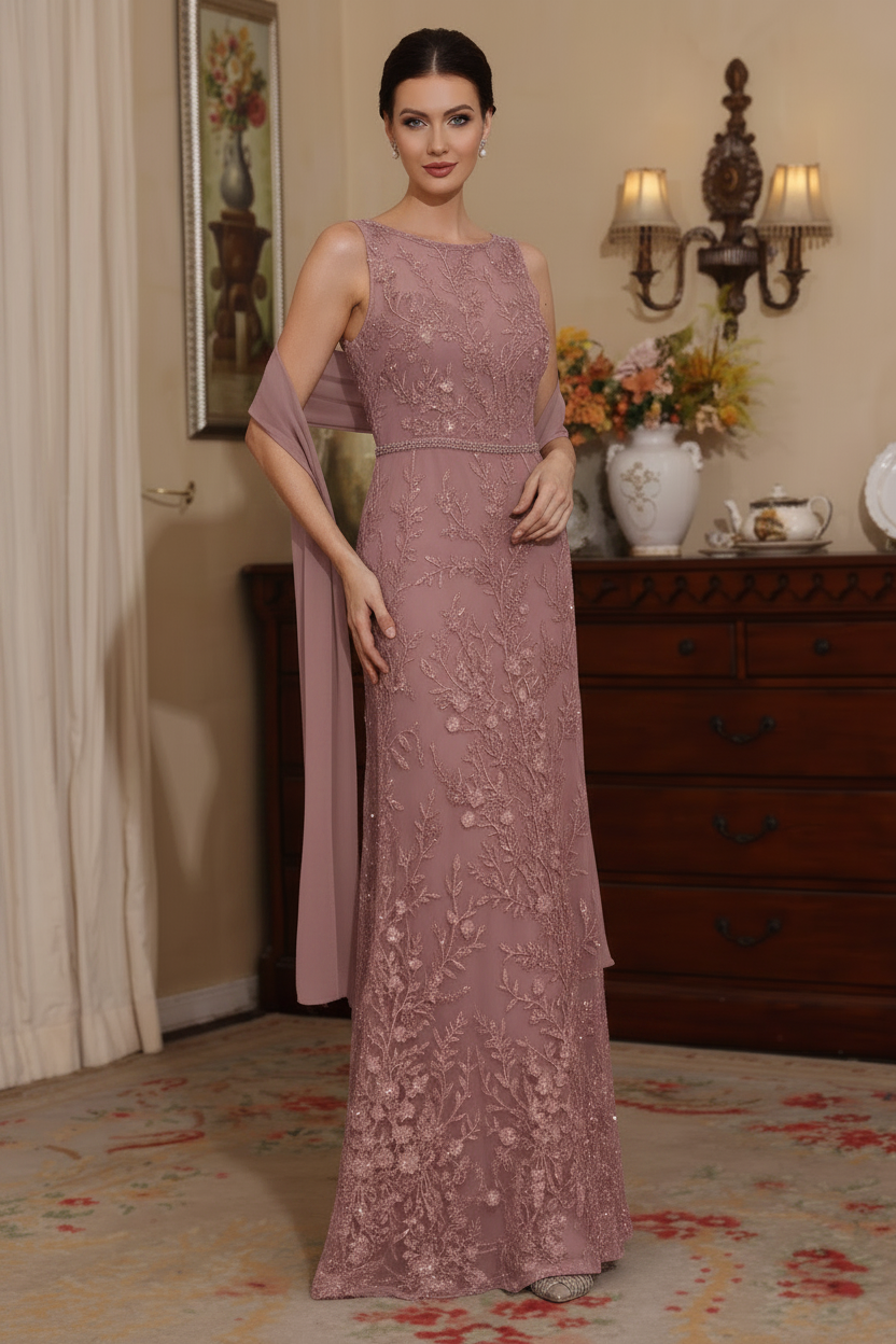 2 Pieces Sheath/Column Lace Mother of the Bride Dresses with Shawl Scoop Beading Sleeveless Floor-Length
