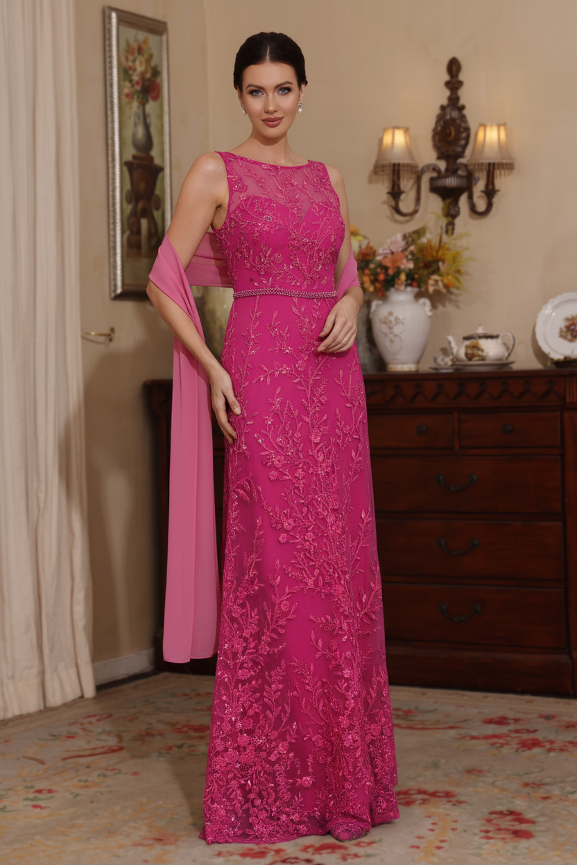2 Pieces Sheath/Column Lace Mother of the Bride Dresses with Shawl Scoop Beading Sleeveless Floor-Length