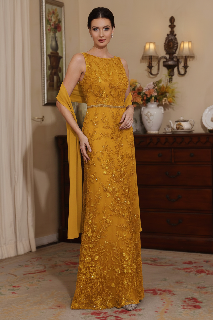 2 Pieces Sheath/Column Lace Mother of the Bride Dresses with Shawl Scoop Beading Sleeveless Floor-Length