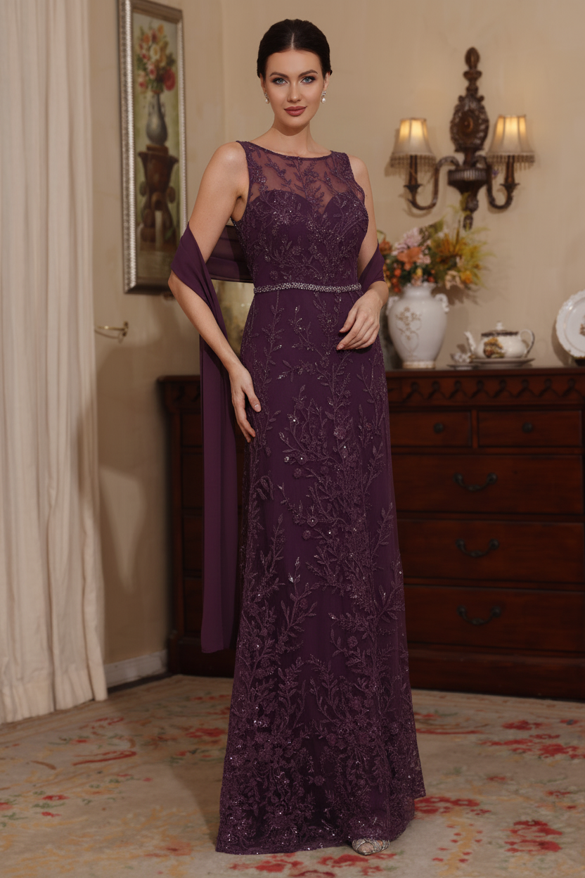 2 Pieces Sheath/Column Lace Mother of the Bride Dresses with Shawl Scoop Beading Sleeveless Floor-Length