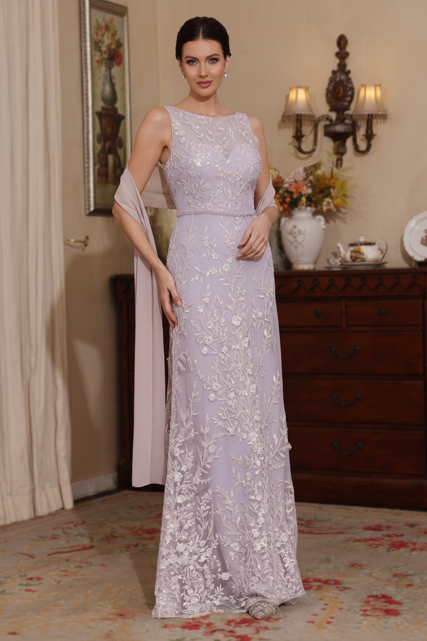 2 Pieces Sheath/Column Lace Mother of the Bride Dresses with Shawl Scoop Beading Sleeveless Floor-Length