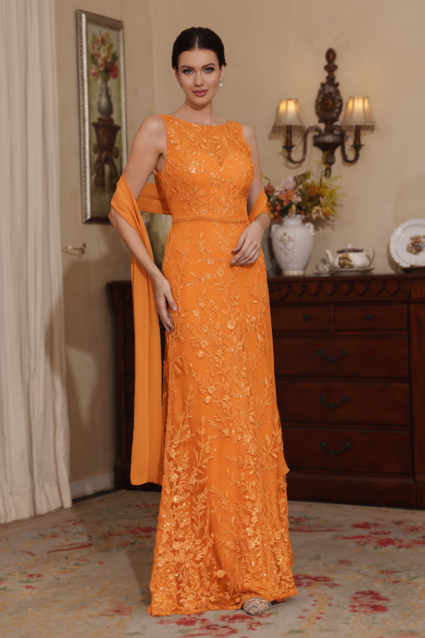 2 Pieces Sheath/Column Lace Mother of the Bride Dresses with Shawl Scoop Beading Sleeveless Floor-Length