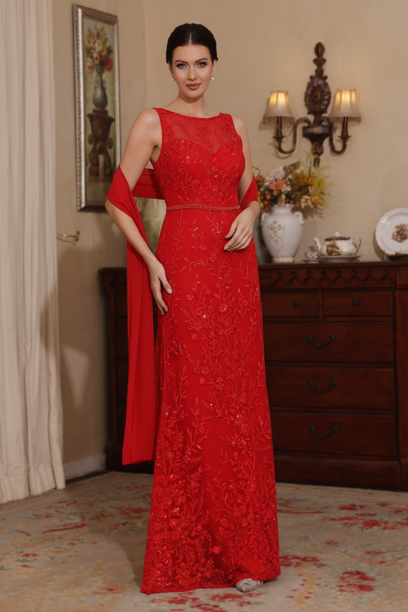 2 Pieces Sheath/Column Lace Mother of the Bride Dresses with Shawl Scoop Beading Sleeveless Floor-Length