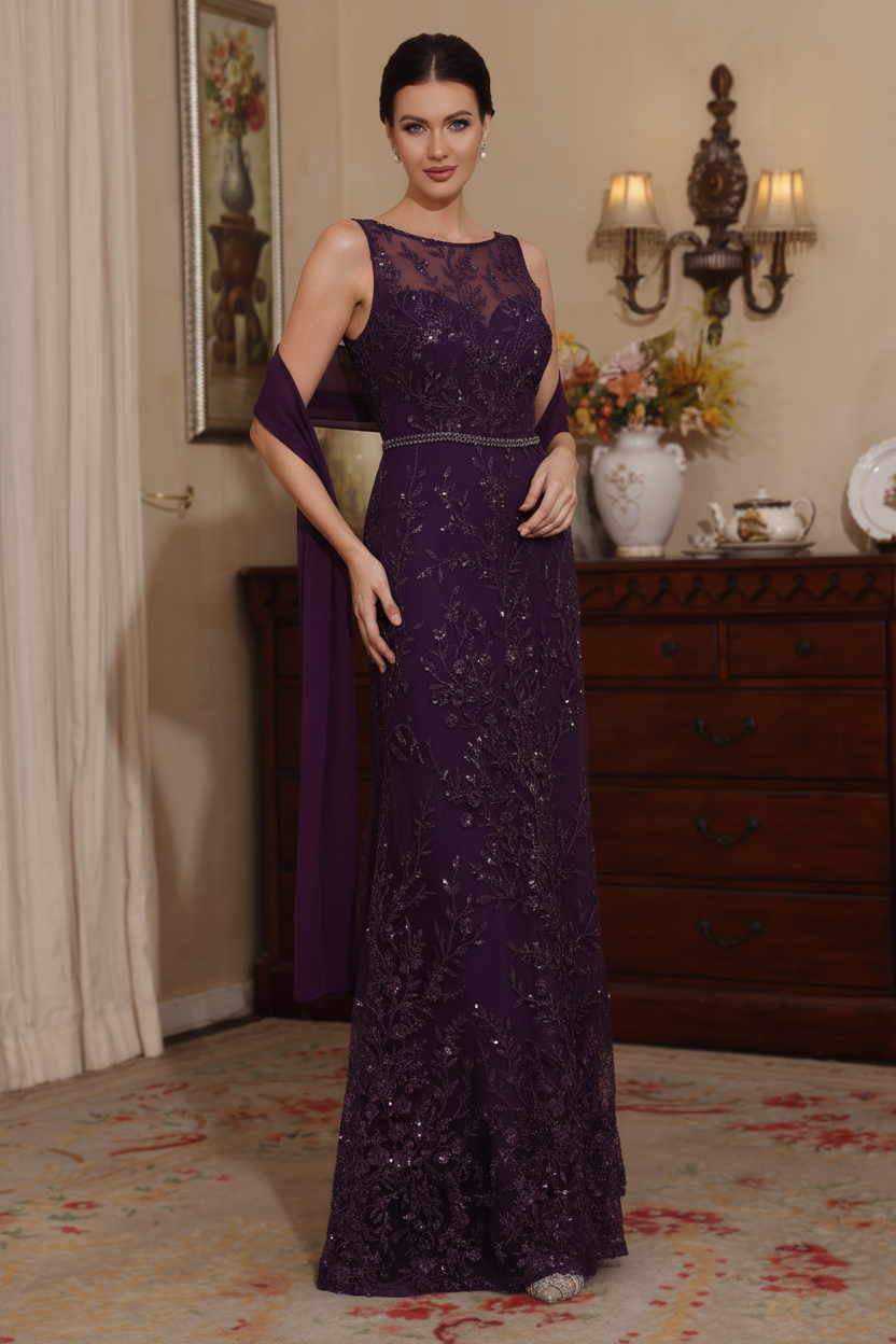 2 Pieces Sheath/Column Lace Mother of the Bride Dresses with Shawl Scoop Beading Sleeveless Floor-Length