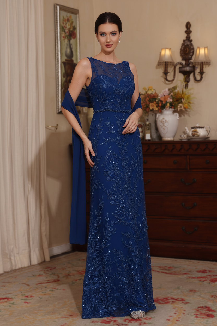 2 Pieces Sheath/Column Lace Mother of the Bride Dresses with Shawl Scoop Beading Sleeveless Floor-Length