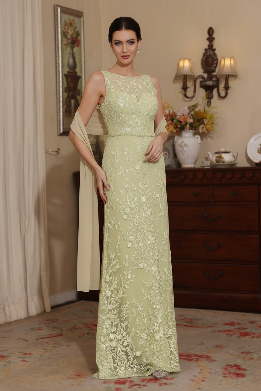 2 Pieces Sheath/Column Lace Mother of the Bride Dresses with Shawl Scoop Beading Sleeveless Floor-Length
