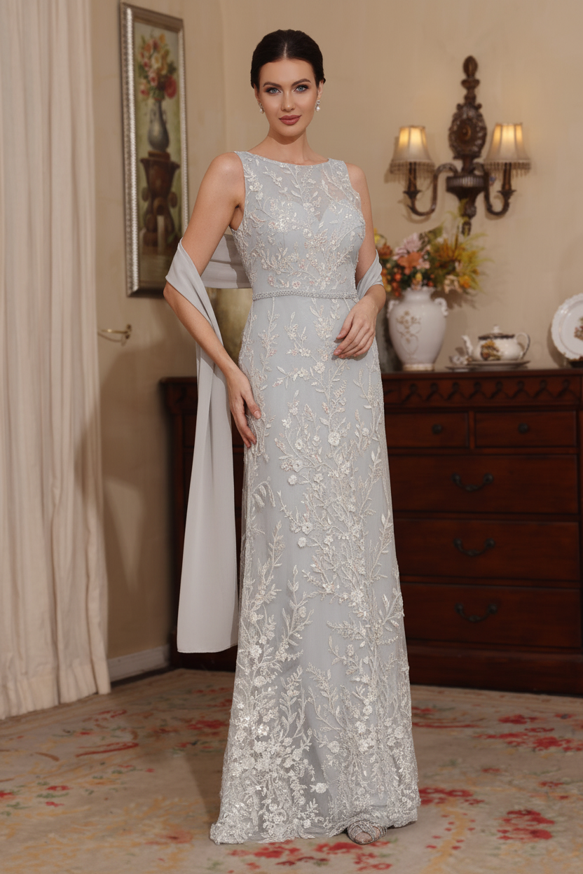 2 Pieces Sheath/Column Lace Mother of the Bride Dresses with Shawl Scoop Beading Sleeveless Floor-Length
