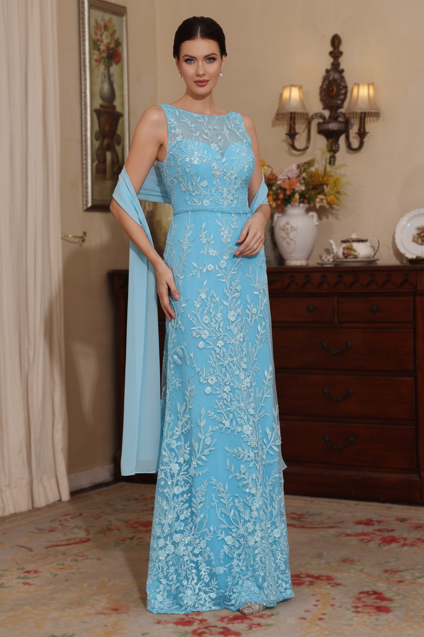 2 Pieces Sheath/Column Lace Mother of the Bride Dresses with Shawl Scoop Beading Sleeveless Floor-Length