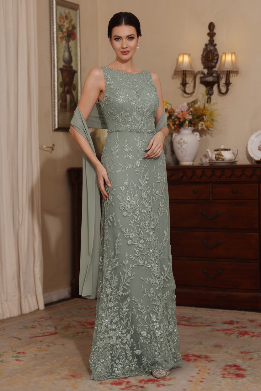 2 Pieces Sheath/Column Lace Mother of the Bride Dresses with Shawl Scoop Beading Sleeveless Floor-Length