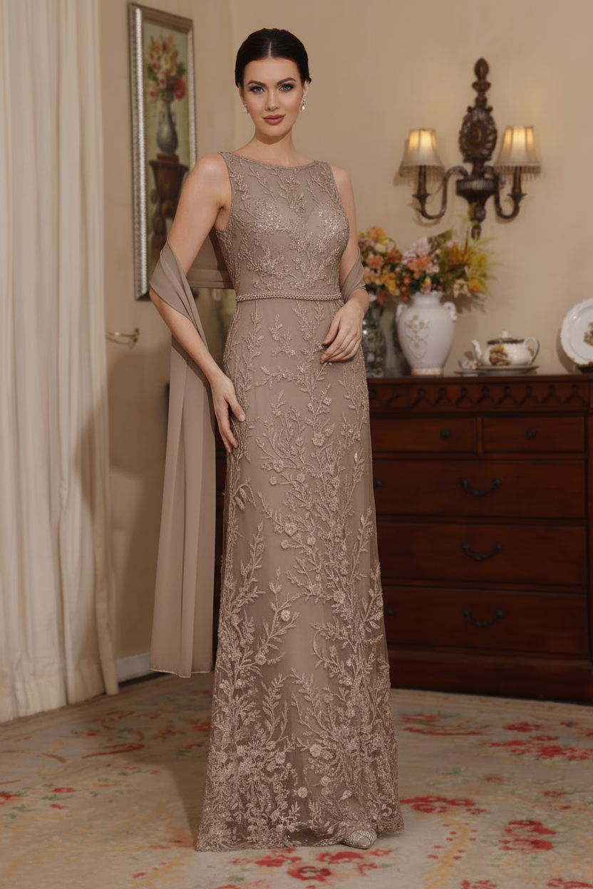 2 Pieces Sheath/Column Lace Mother of the Bride Dresses with Shawl Scoop Beading Sleeveless Floor-Length