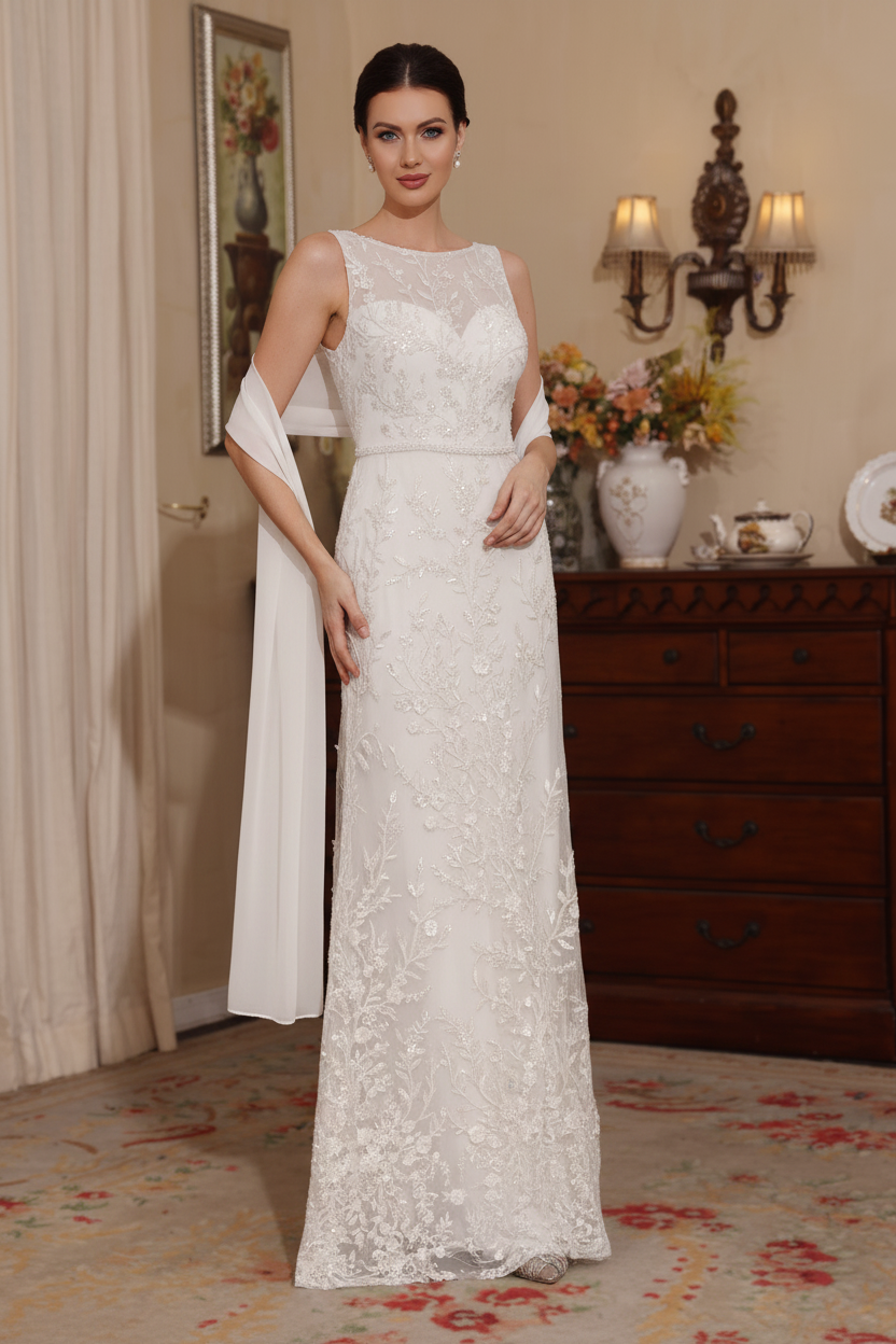 2 Pieces Sheath/Column Lace Mother of the Bride Dresses with Shawl Scoop Beading Sleeveless Floor-Length