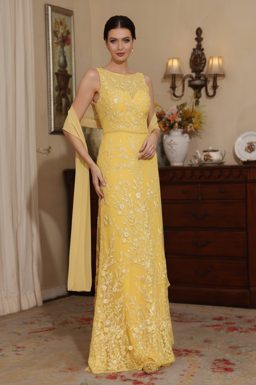 2 Pieces Sheath/Column Lace Mother of the Bride Dresses with Shawl Scoop Beading Sleeveless Floor-Length