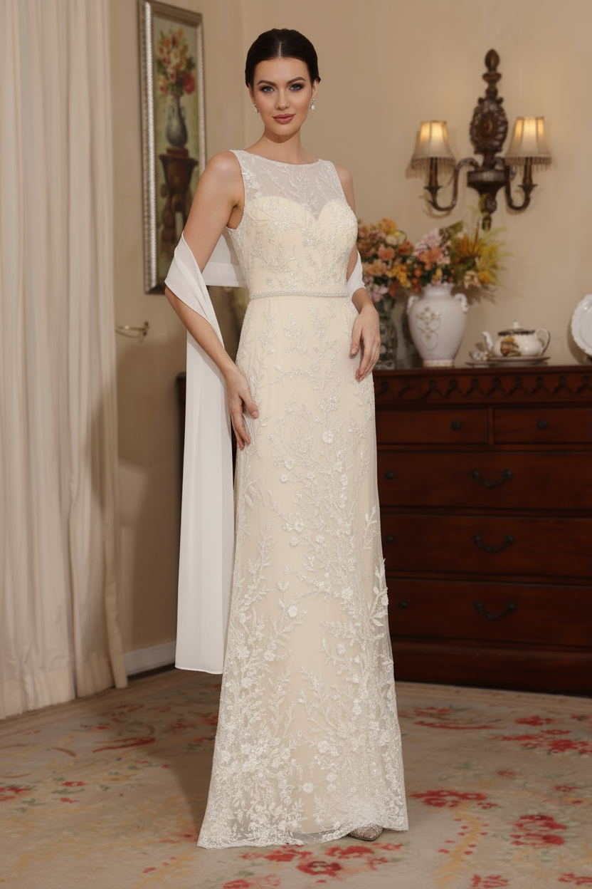 2 Pieces Sheath/Column Lace Mother of the Bride Dresses with Shawl Scoop Beading Sleeveless Floor-Length