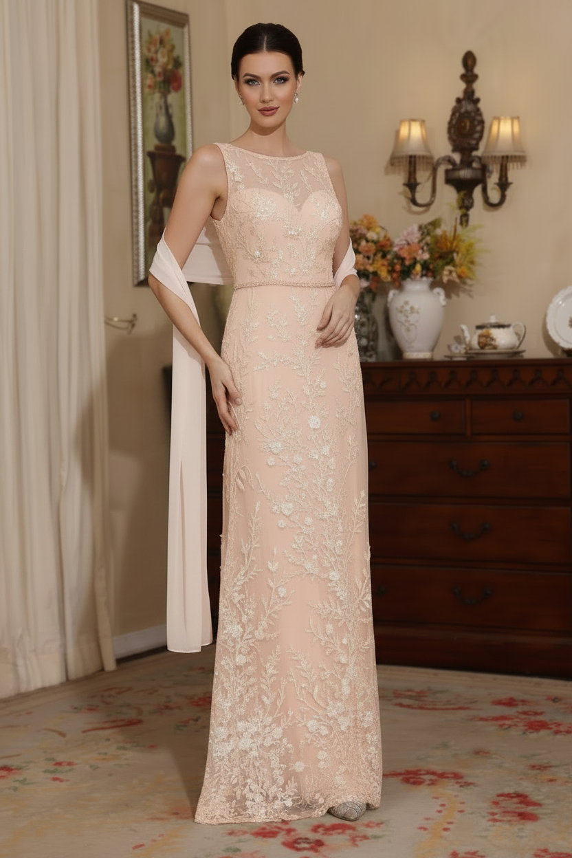 2 Pieces Sheath/Column Lace Mother of the Bride Dresses with Shawl Scoop Beading Sleeveless Floor-Length