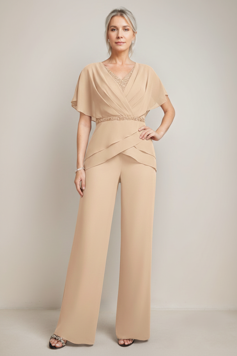 2 Pieces V-Neck Ruched Flutter Sleeves Floor-Length Beading Mother of the Bride Pantsuits