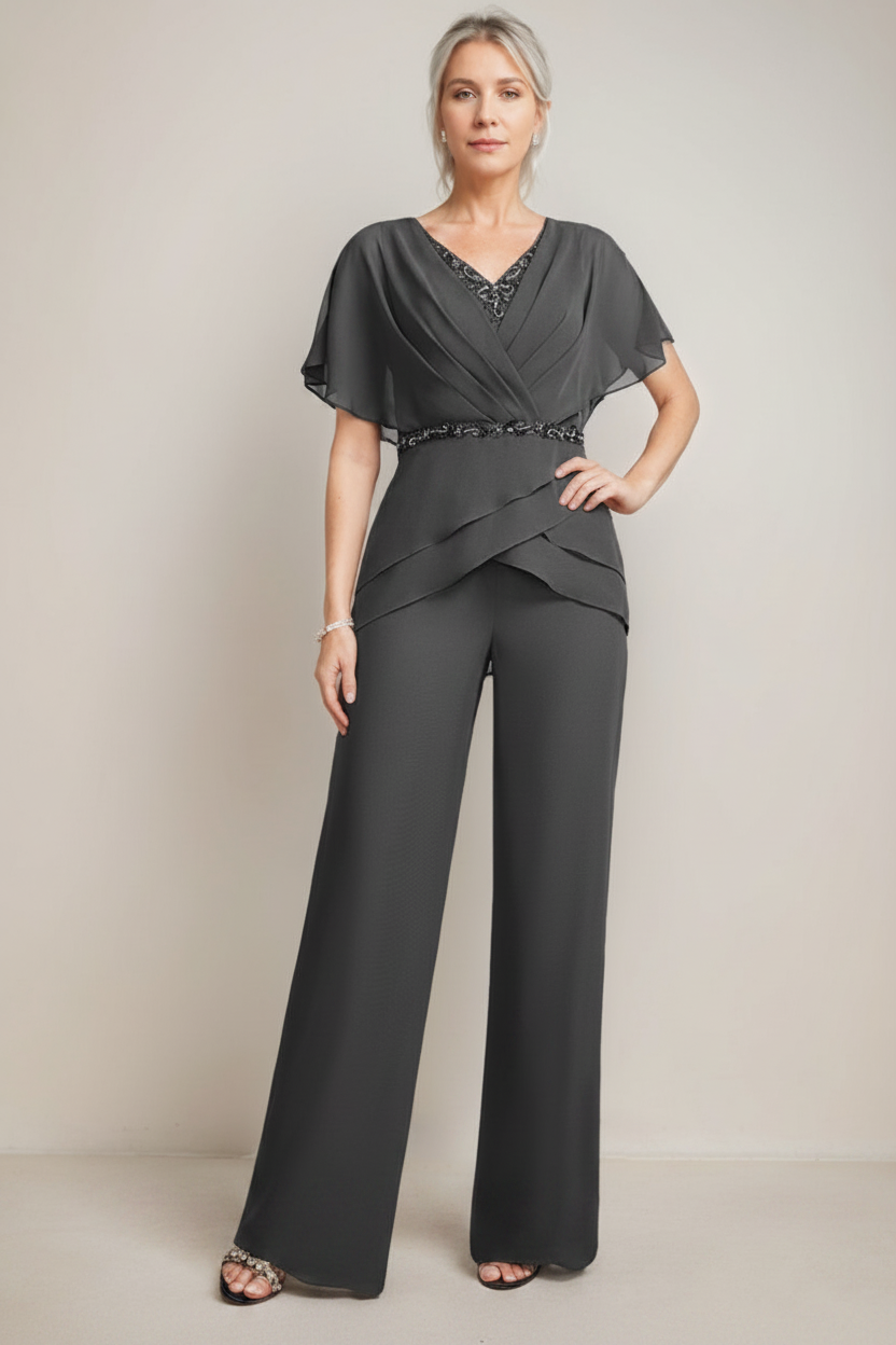 2 Pieces V-Neck Ruched Flutter Sleeves Floor-Length Beading Mother of the Bride Pantsuits