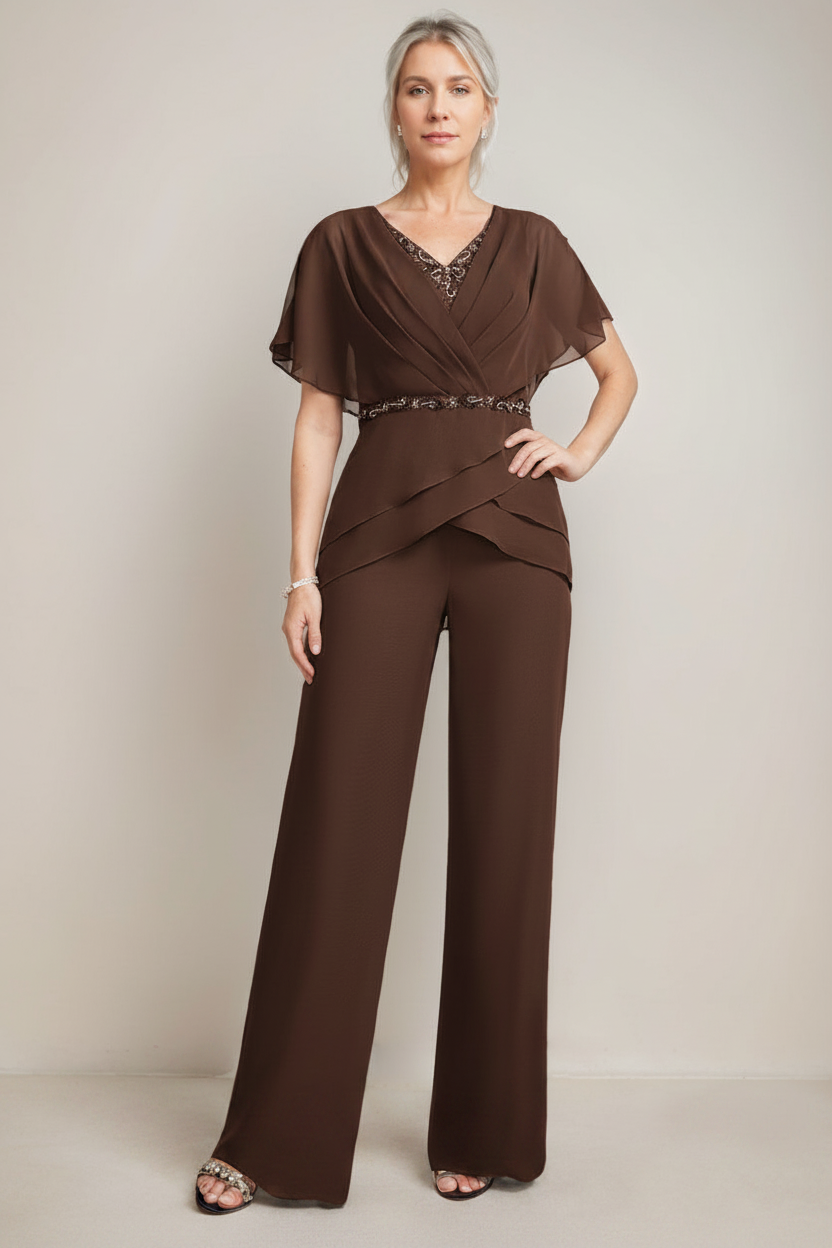 2 Pieces V-Neck Ruched Flutter Sleeves Floor-Length Beading Mother of the Bride Pantsuits