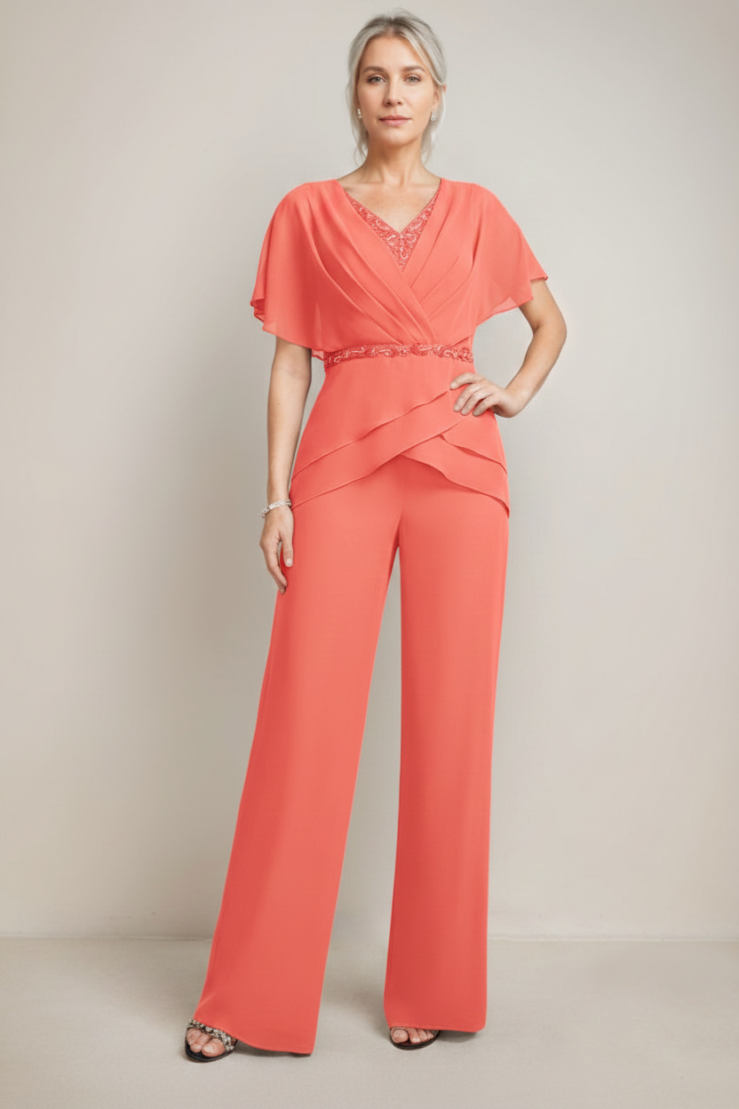 2 Pieces V-Neck Ruched Flutter Sleeves Floor-Length Beading Mother of the Bride Pantsuits