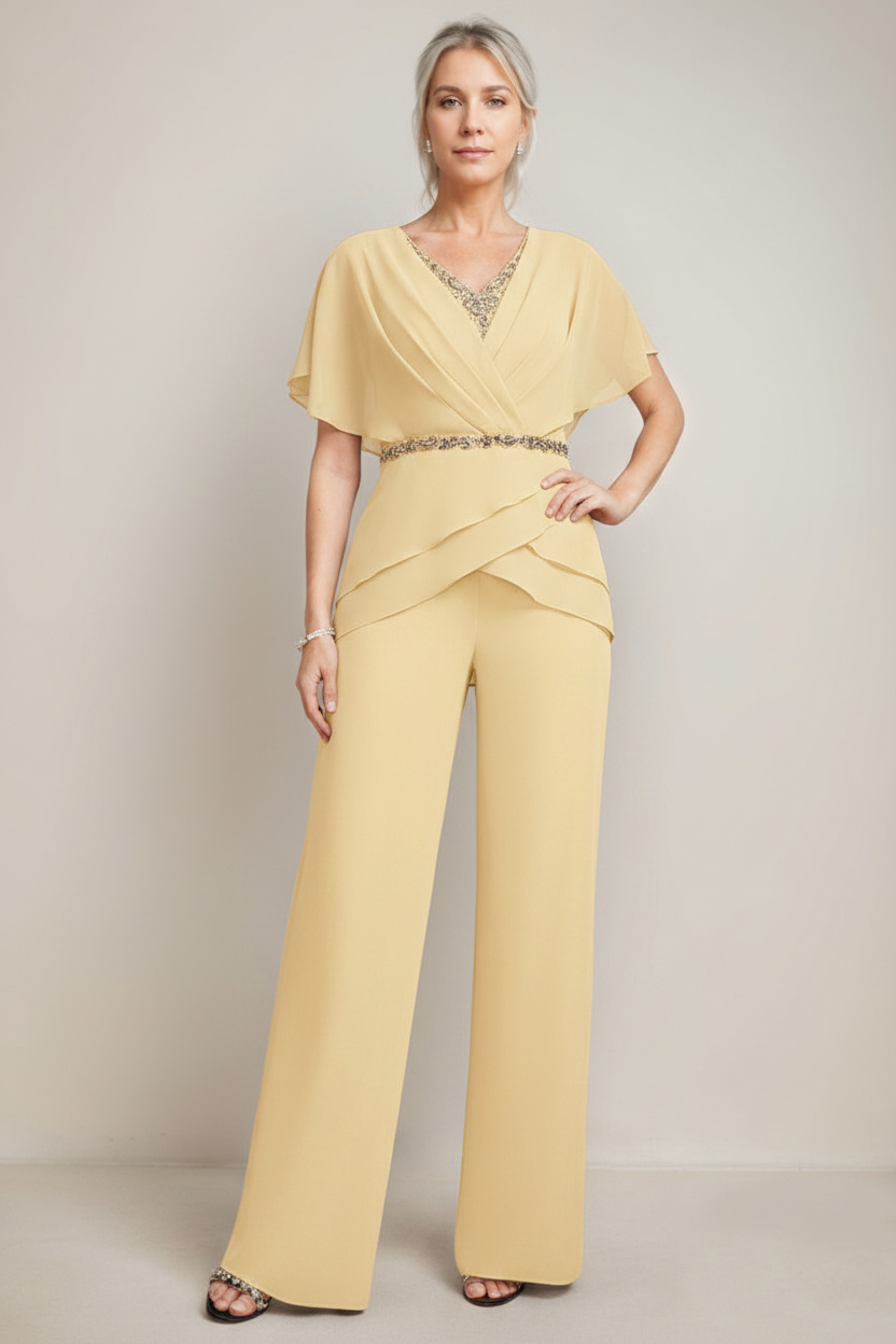 2 Pieces V-Neck Ruched Flutter Sleeves Floor-Length Beading Mother of the Bride Pantsuits
