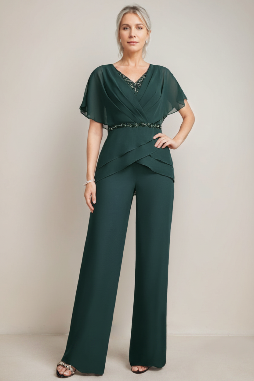 2 Pieces V-Neck Ruched Flutter Sleeves Floor-Length Beading Mother of the Bride Pantsuits