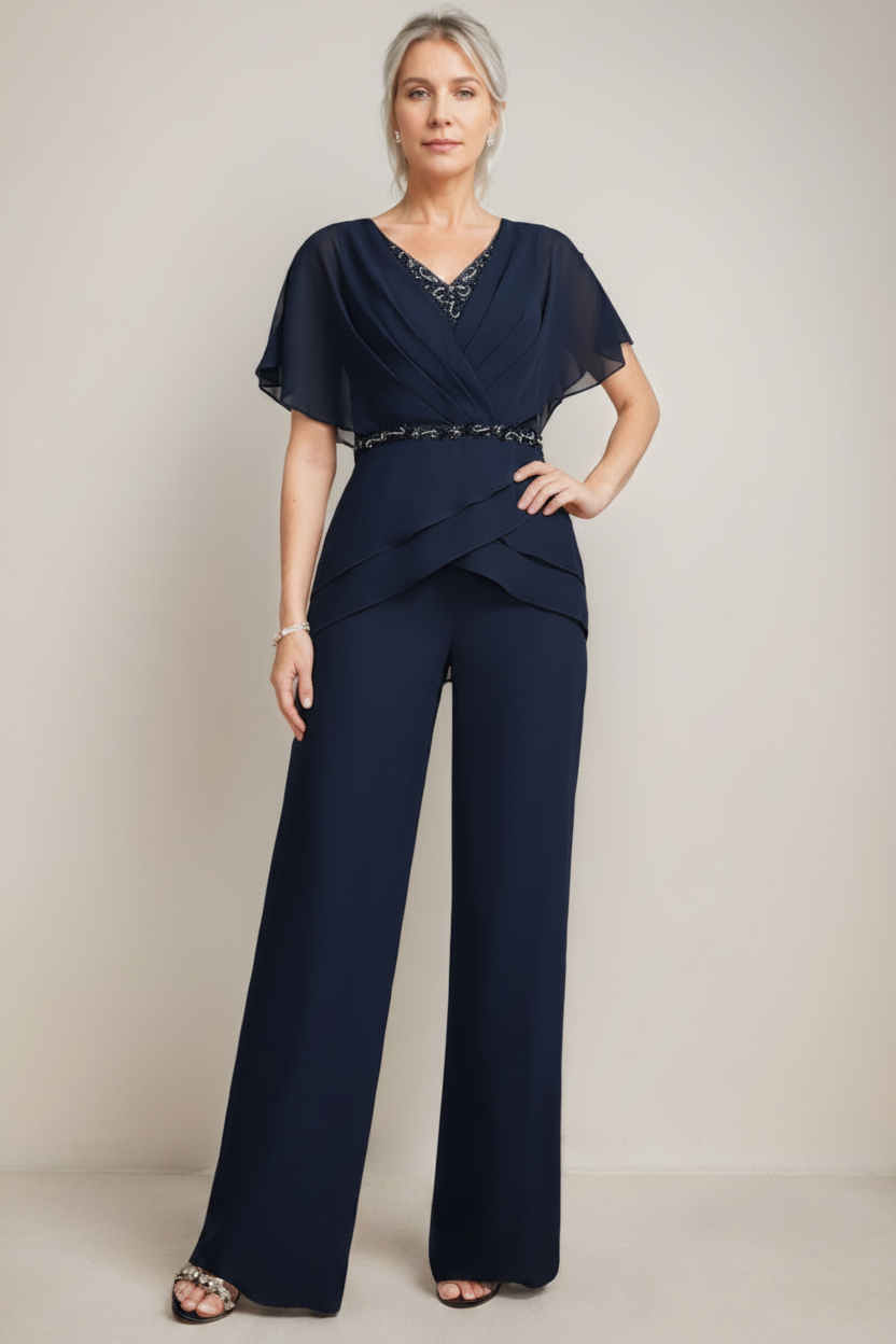2 Pieces V-Neck Ruched Flutter Sleeves Floor-Length Beading Mother of the Bride Pantsuits