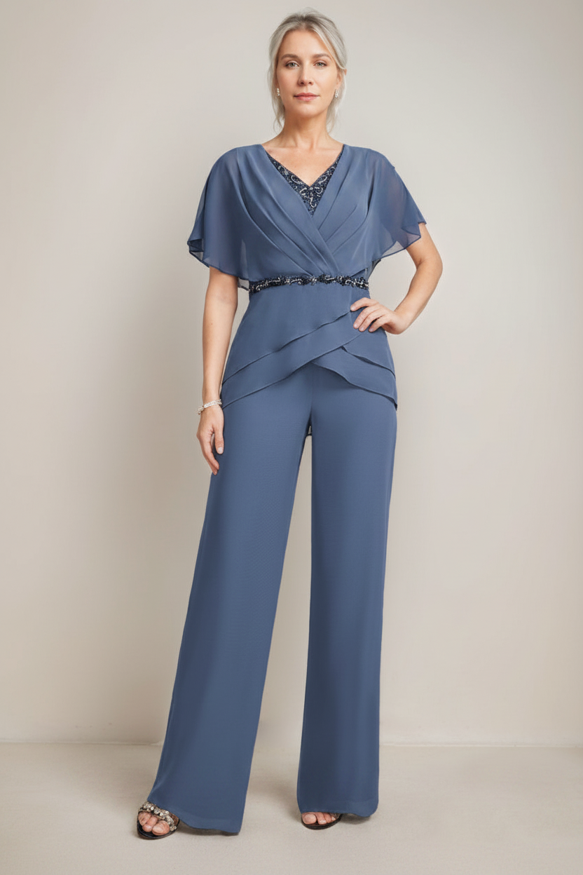 2 Pieces V-Neck Ruched Flutter Sleeves Floor-Length Beading Mother of the Bride Pantsuits