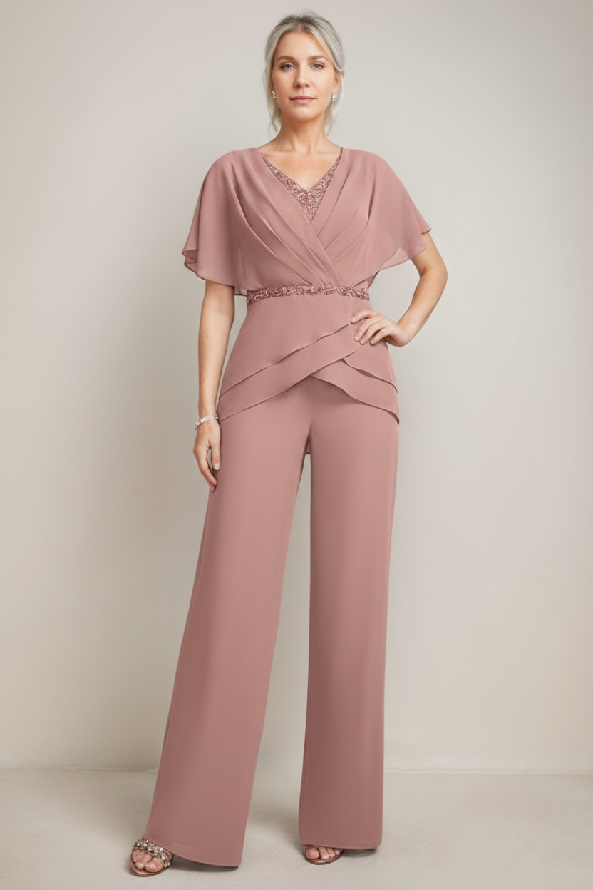 2 Pieces V-Neck Ruched Flutter Sleeves Floor-Length Beading Mother of the Bride Pantsuits