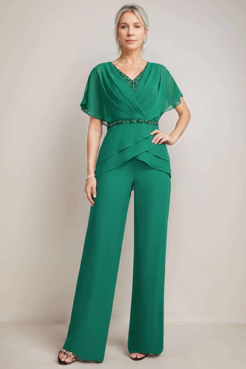 2 Pieces V-Neck Ruched Flutter Sleeves Floor-Length Beading Mother of the Bride Pantsuits